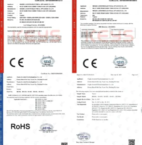 Juventini toaster international certifications including CE, RoHS, and FCM compliance, ensuring global food-grade quality standards.