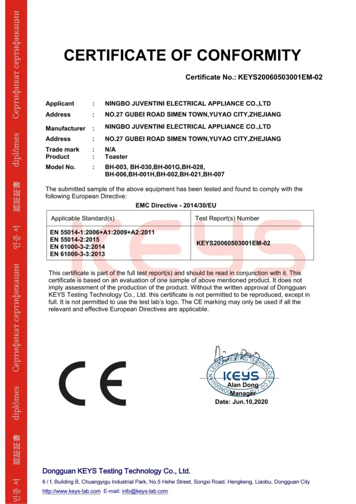 Juventini Toaster CE-EMC Certificate for Electromagnetic Compatibility | Ningbo Factory