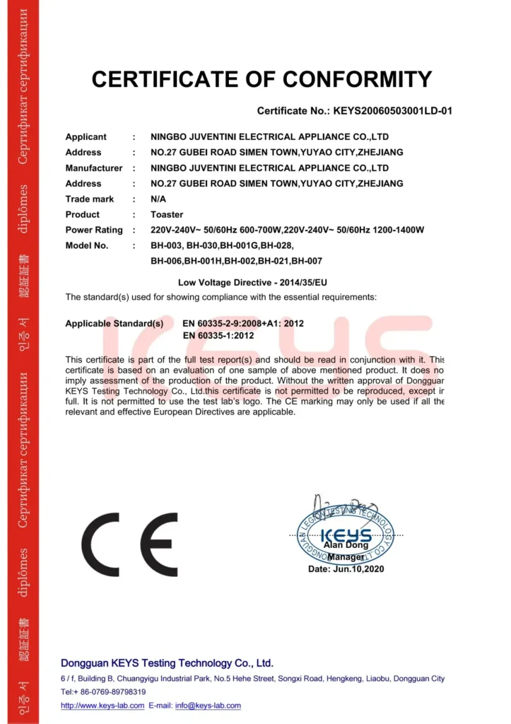 Juventini Toaster CE-LVD Certificate for European Safety Compliance | Ningbo Factory