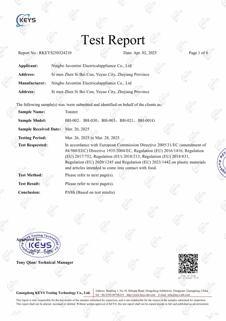 Juventini Toaster FCM Food Contact Material Safety Report | LFGB Compliant