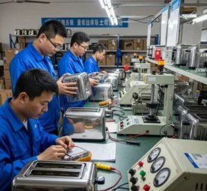 Quality control inspectors performing functional tests on pop-up toasters at the Juventini factory testing room in Ningbo, ensuring compliance for our B2B clients.