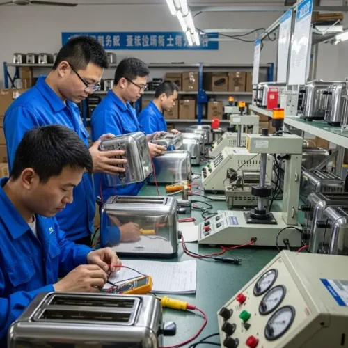 Инспекторы по контролю качества проводят функциональное тестирование тостеров в испытательном зале завода Juventini в Нинбо, обеспечивая соответствие требованиям наших B2B клиентов.